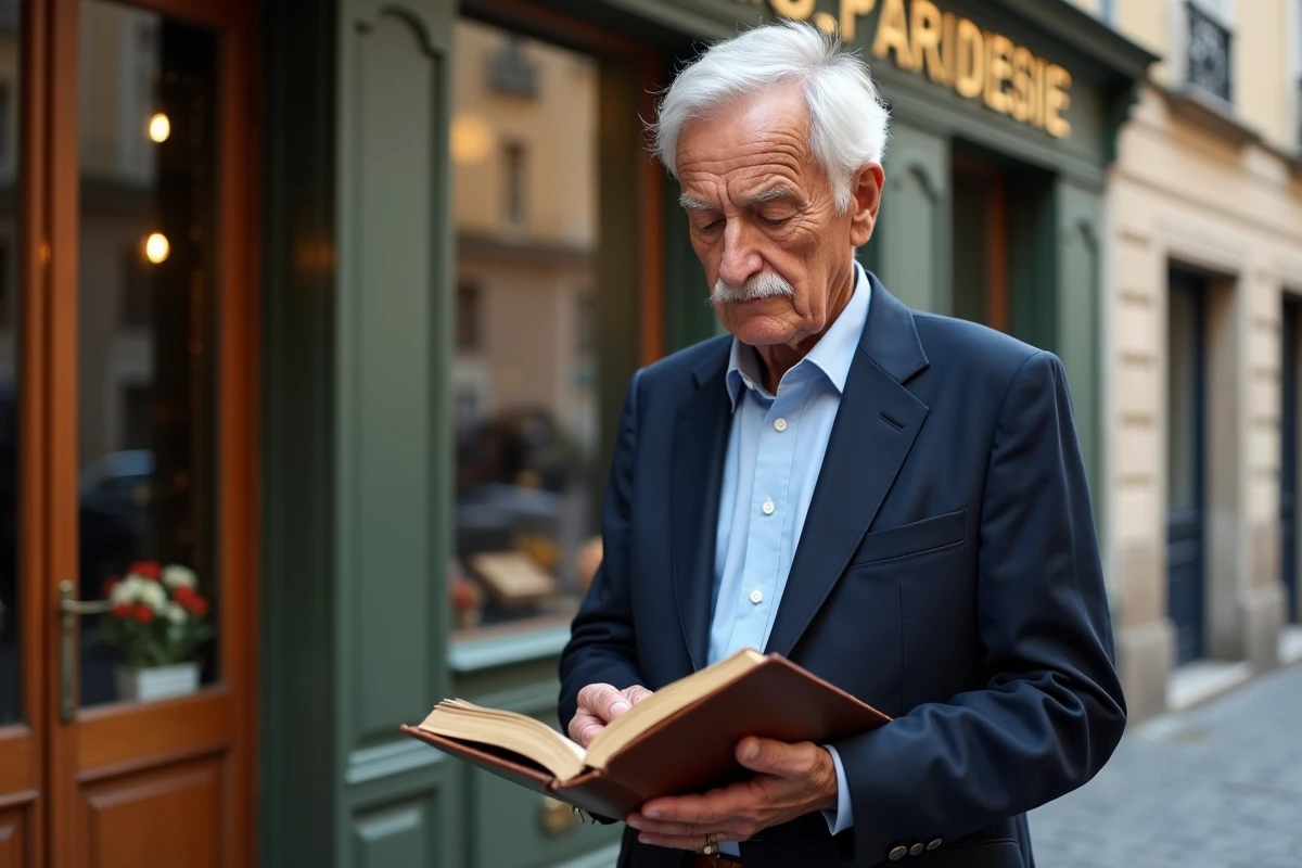Homme d'affaires français âgé devant une pâtisserie traditionnelle dans une rue pavée du nord de la France