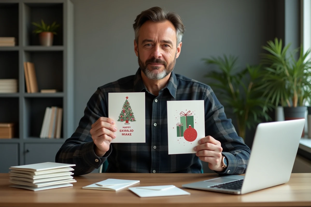 Homme comparant deux modèles de cartes de Noël imprimées devant un ordinateur affichant un site de création de cartes avec enveloppes