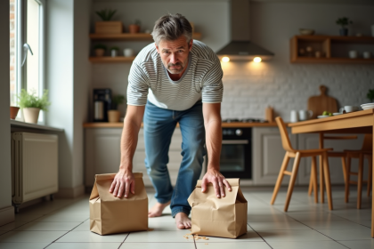Homme d'âge moyen dans une cuisine moderne après une chute