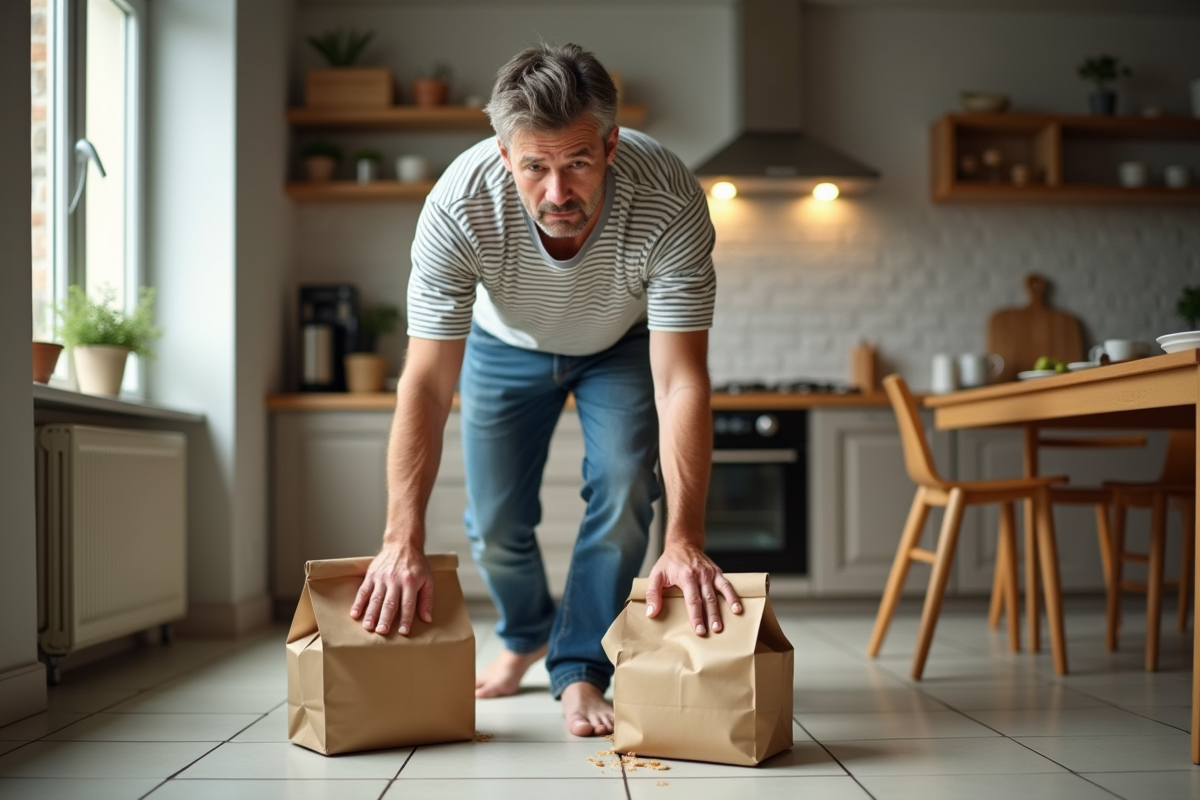 Homme d'âge moyen dans une cuisine moderne après une chute