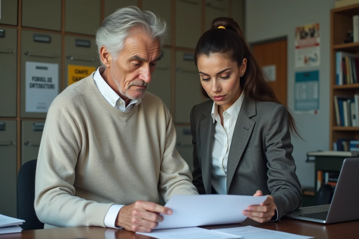 Homme âgé et jeune femme examinant des documents officiels