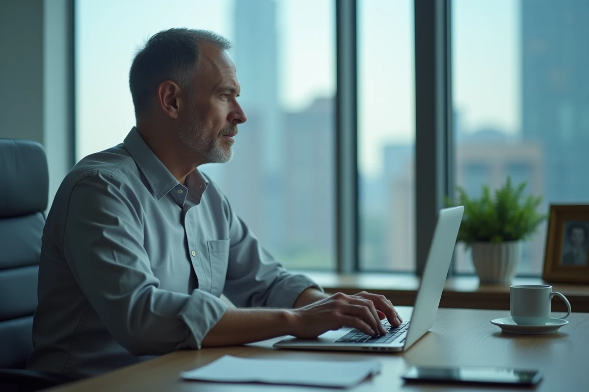 Homme concentré rédigeant un message d'anniversaire professionnel sur son ordinateur portable au bureau