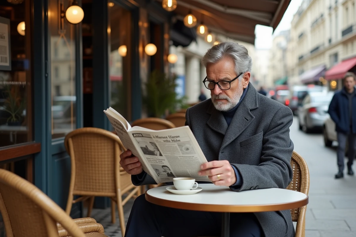 Homme français d'âge mûr lisant un journal sur une terrasse de brasserie parisienne