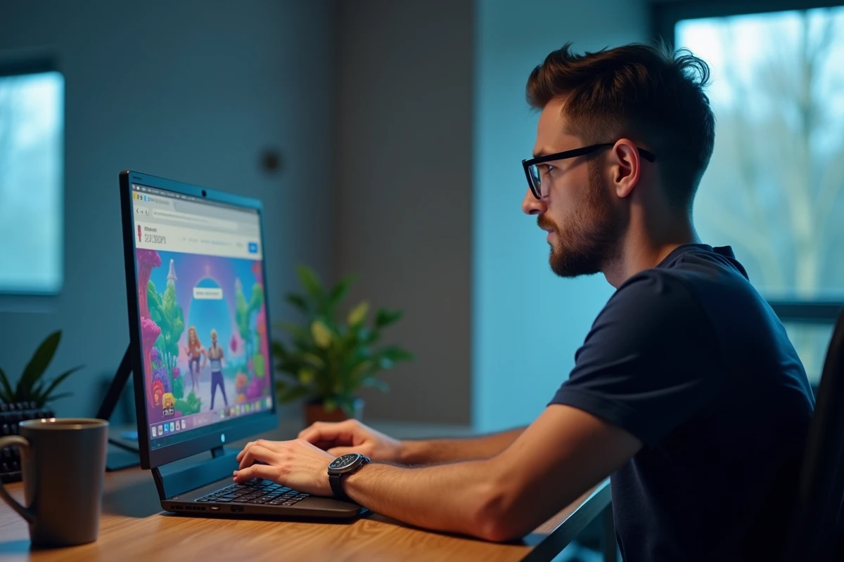 Homme jouant à un jeu gratuit sans pub sur navigateur depuis son bureau à domicile