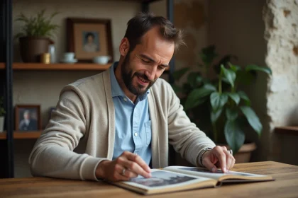 Homme réfléchi feuilletant un album photo familial à la maison