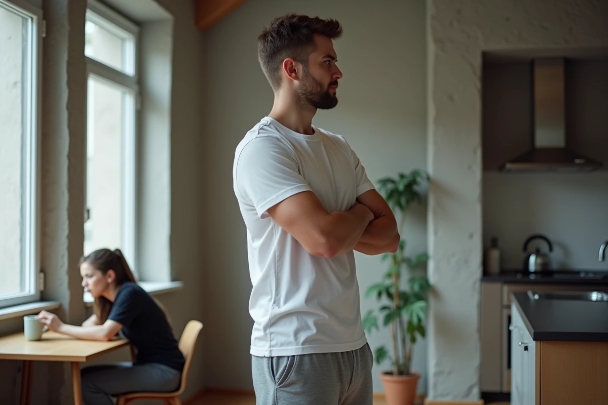 Couple en silence après une dispute, homme tournant le dos à sa compagne dans un appartement