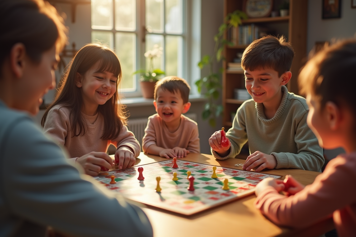 Famille jouant au jeu de la oie traditionnel en famille