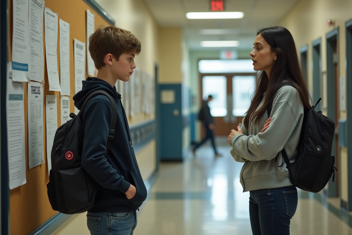 Adolescent et sa mère lisant une affiche dans le couloir