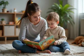 Jeune babysitter lisant un livre coloré à un garçon de 7 ans