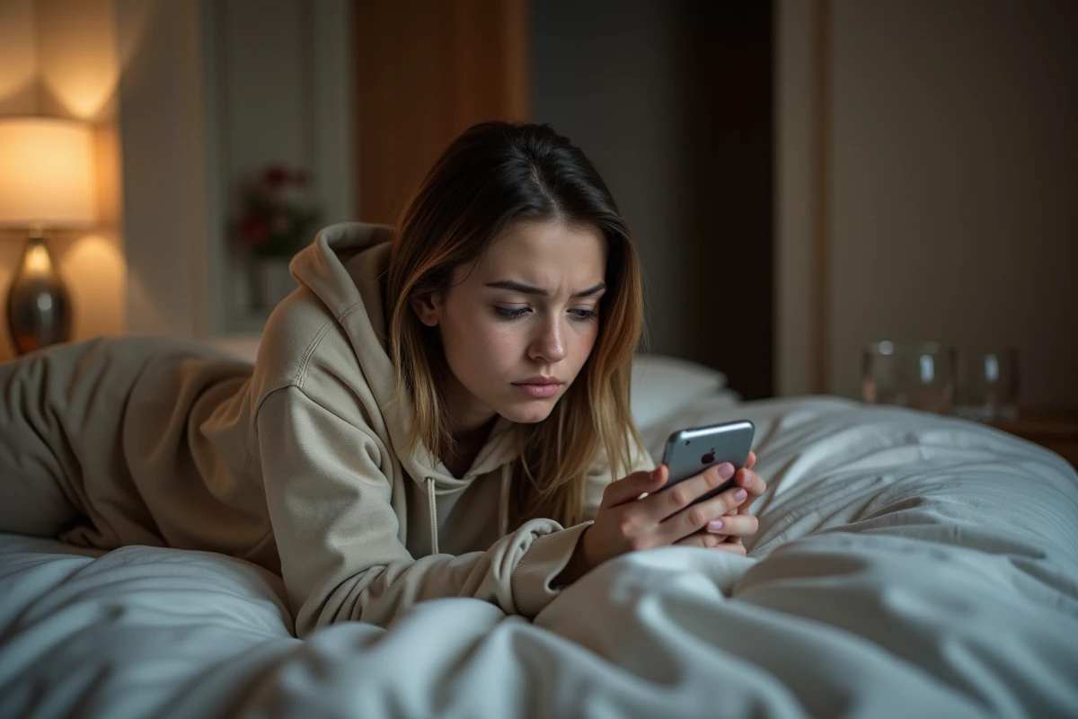 Jeune femme allongée sur son lit tenant son téléphone, attendant un message de son partenaire silencieux