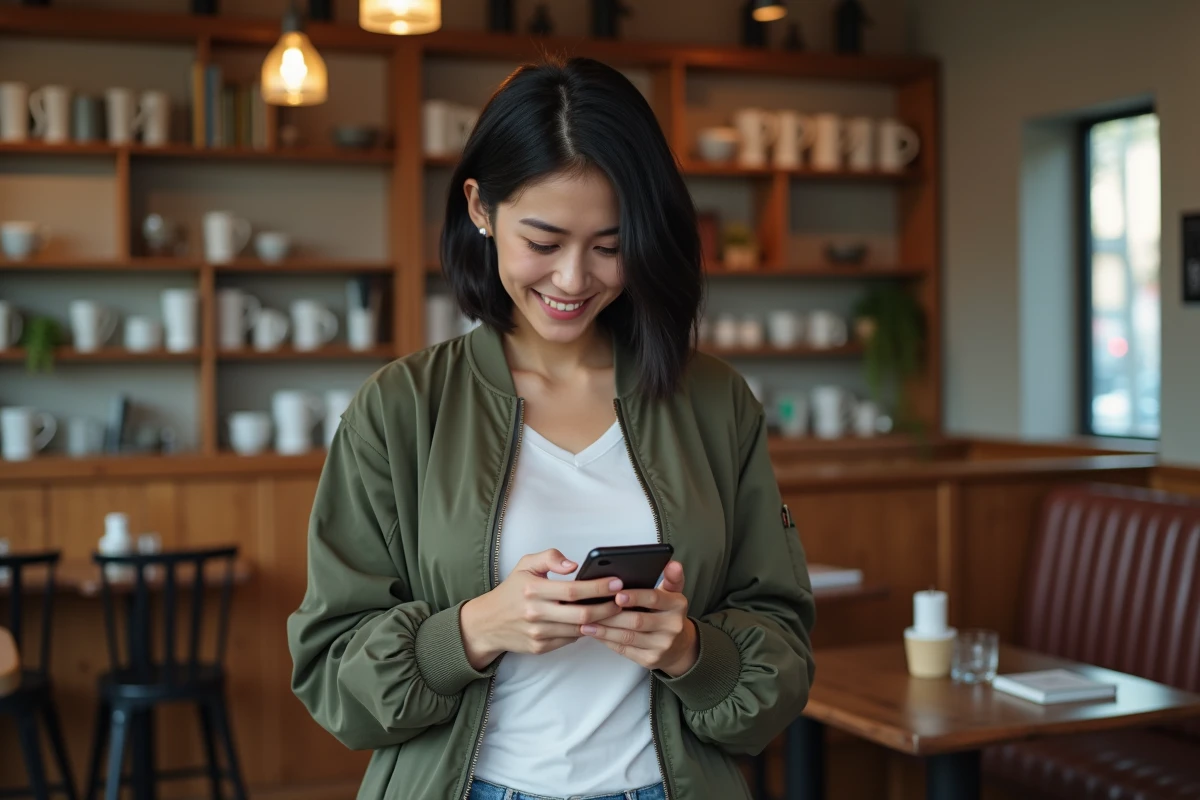 Jeune femme souriante regardant son téléphone dans un café cosy