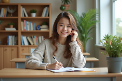 Jeune femme souriante en train d'étudier dans un salon lumineux