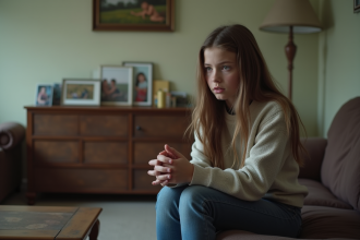 Jeune fille anxieuse assise sur un canapé dans un salon modeste