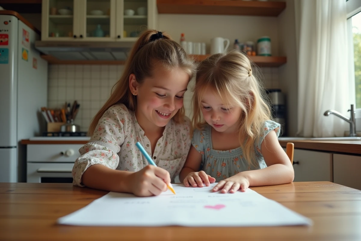Jeune fille écrivant une note dans la cuisine en compagnie de ses parrains