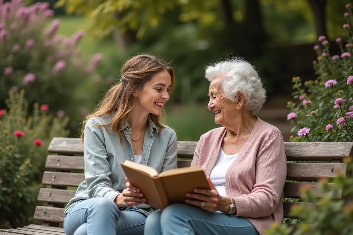 Jeune femme lisant un poème à sa grand-mère dans un jardin