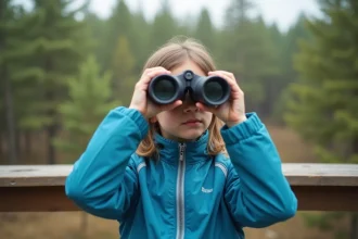 Jeune fille de 10 ans avec jumelles regardant la forêt