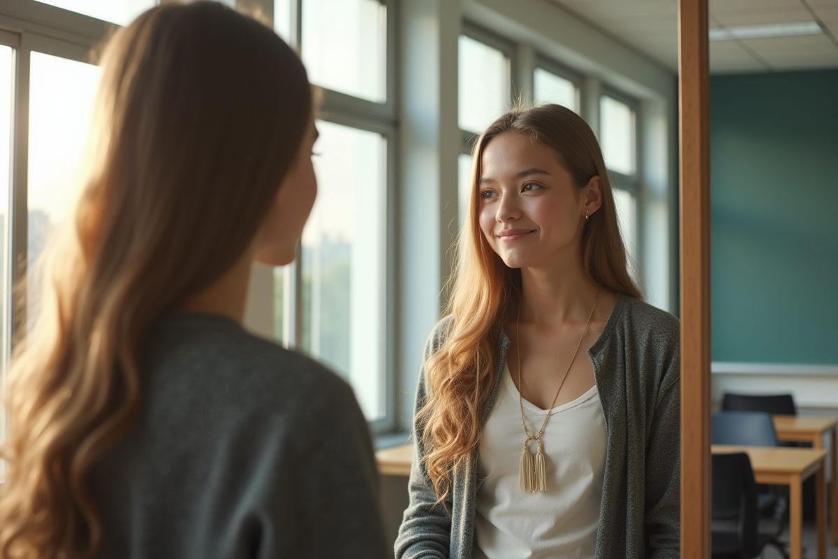 Jeune fille choisissant sa tenue dans un miroir en classe