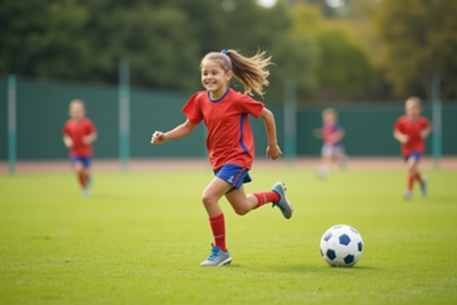Jeune fille en tenue de sport courant vers le ballon sur un terrain vert