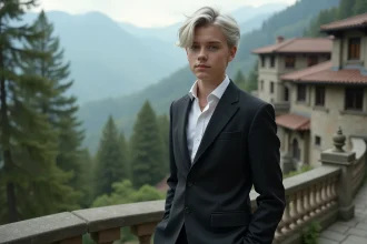 Jeune garçon aux cheveux gris en costume noir sur un balcon