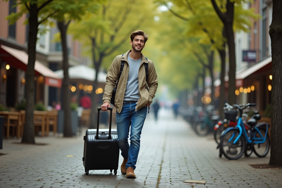 Jeune homme souriant marchant avec une valise dans une rue européenne calme