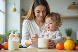 Parent mesurant du lait dans une cuisine lumineuse avec biberons