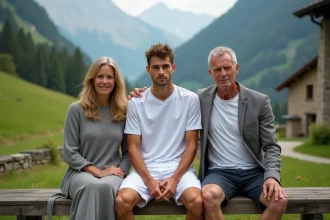 Jeune joueur de tennis avec ses parents en Alpes italiennes