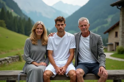 Jeune joueur de tennis avec ses parents en Alpes italiennes