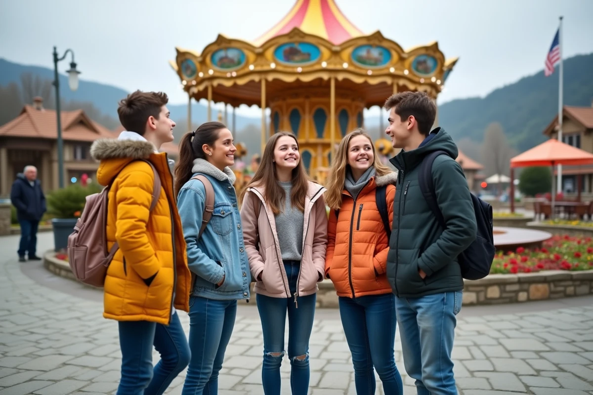 Jeunes amis discutant devant un carrousel coloré