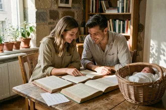 Jeunes parents choisissant un prénom ancien pour leur bébé dans une cuisine rustique parisienne avec des livres de prénoms vintage ouverts sur la table