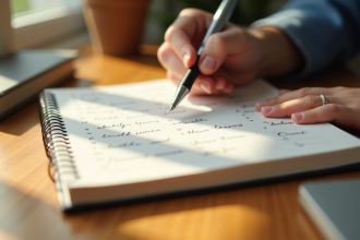 Journal ouvert avec noms commençant par I sur une table ensoleillée