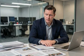Journaliste masculin assis à un bureau de rédaction examinant des articles de presse, illustrant le traitement médiatique de la vie privée d'une personnalité publique