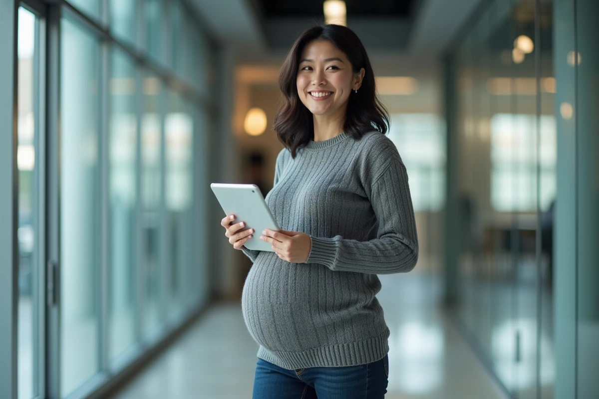Journaliste enceinte marchant dans les couloirs d'un bâtiment médiatique moderne avec une tablette à la main