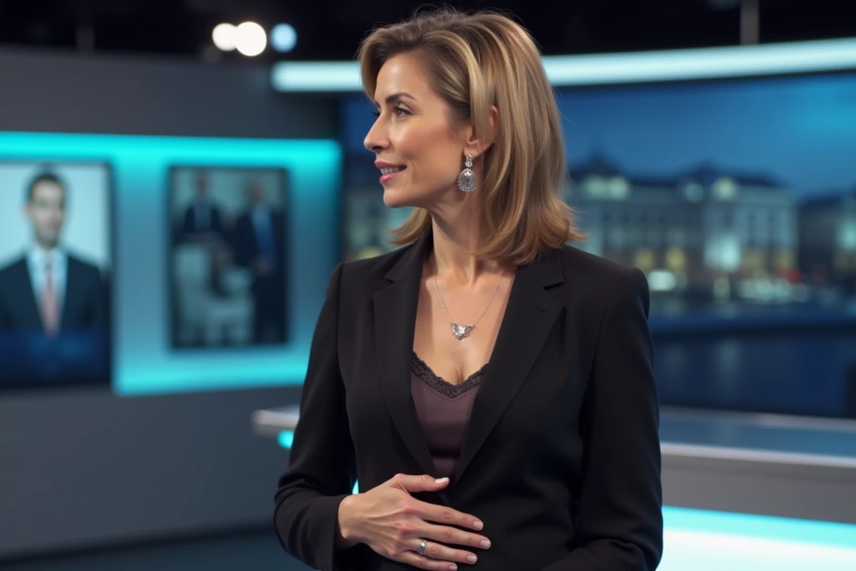 Journaliste française enceinte dans un studio de télévision moderne, posant avec élégance en blazer professionnel