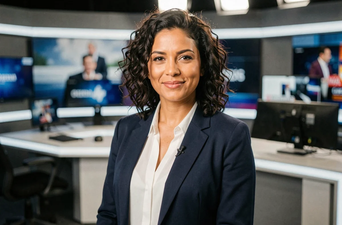 Portrait de journaliste franco-libanaise en plateau de télévision, illustrant l'article sur les origines de Margot Haddad