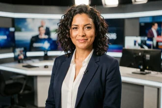 Portrait de journaliste franco-libanaise en plateau de télévision, illustrant l'article sur les origines de Margot Haddad