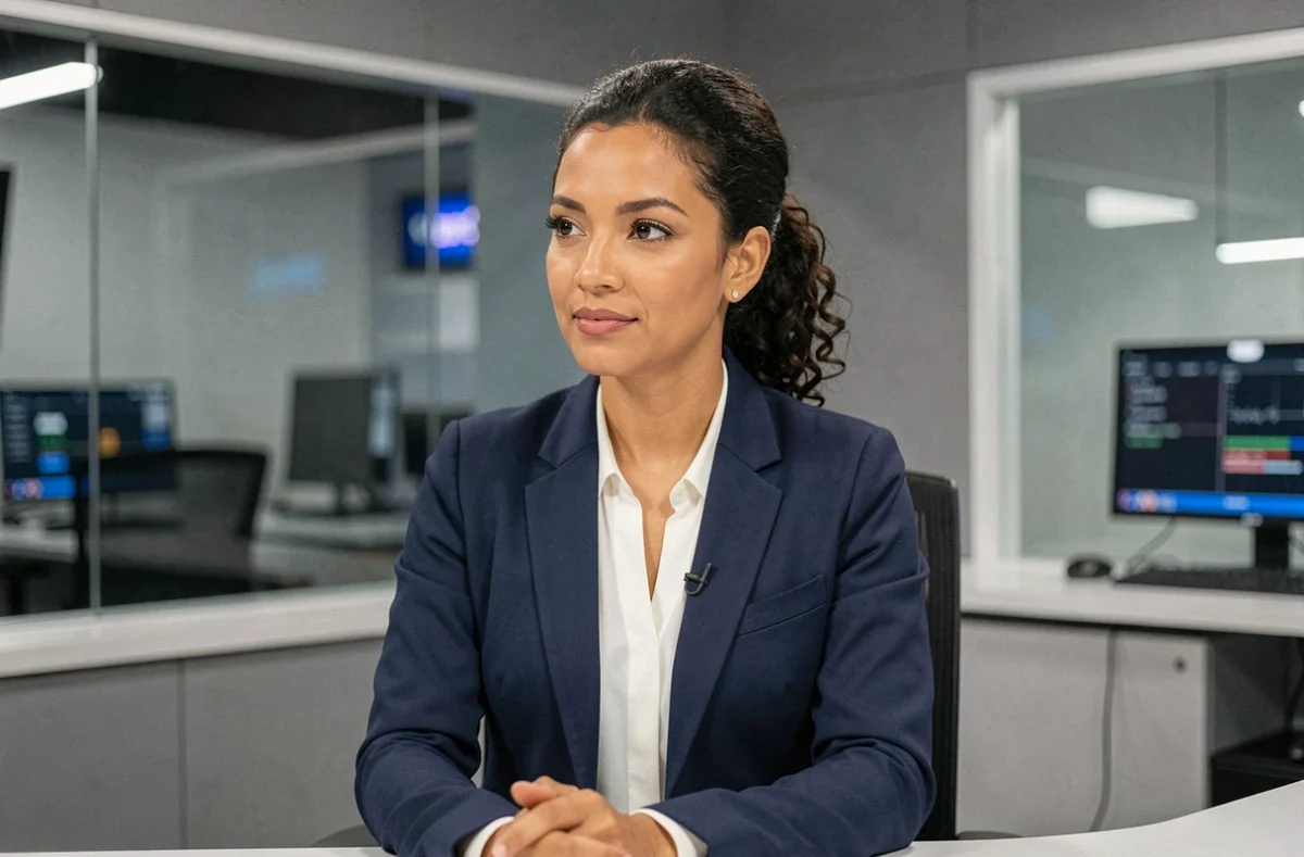 Journaliste professionnelle d'origine nord-africaine dans un studio de télévision moderne, portrait éditorial