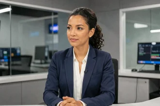 Journaliste professionnelle d'origine nord-africaine dans un studio de télévision moderne, portrait éditorial