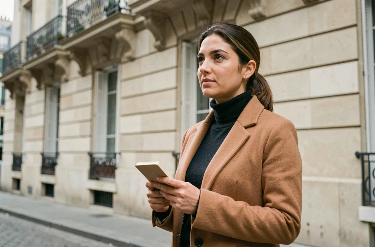 Journaliste française aux origines nord-africaines posant devant une façade parisienne, portrait en extérieur
