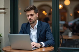 Jeune journaliste parisien au café avec ordinateur et rue en arrière-plan