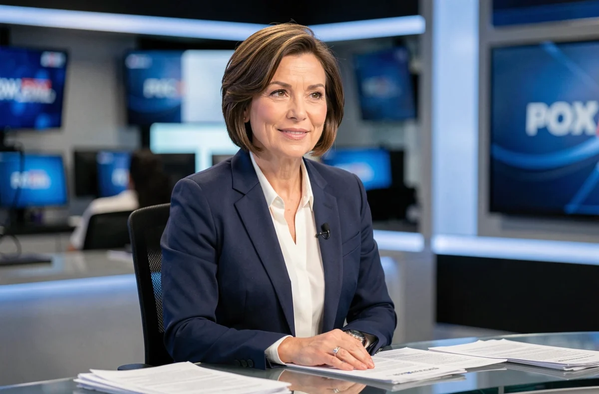 Journaliste française élégante dans un studio de télévision, illustrant les engagements médiatiques de Maryse Éwanjé-Épée