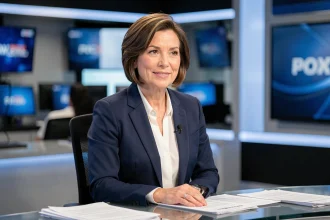 Journaliste française élégante dans un studio de télévision, illustrant les engagements médiatiques de Maryse Éwanjé-Épée