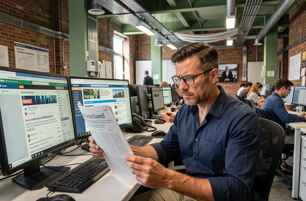 Journaliste dans une rédaction analysant des articles imprimés pour vérifier les fake news circulant sur Google