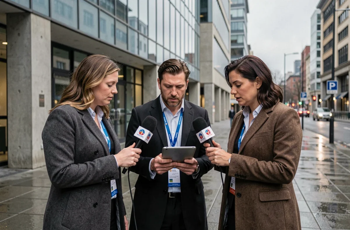 Groupe de journalistes avec microphones et badges presse réunis devant un bâtiment urbain, symbolisant la couverture médiatique de la vie privée d'une figure publique
