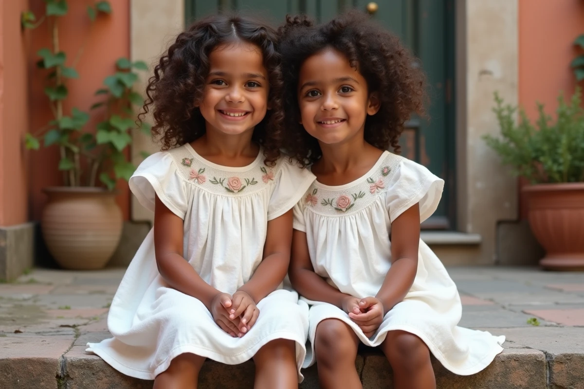 Deux petites filles jumelles en robes de lin blanc assises sur des marches en pierre d'une cour italienne, parfaites pour illustrer des prénoms italiens pour jumelles