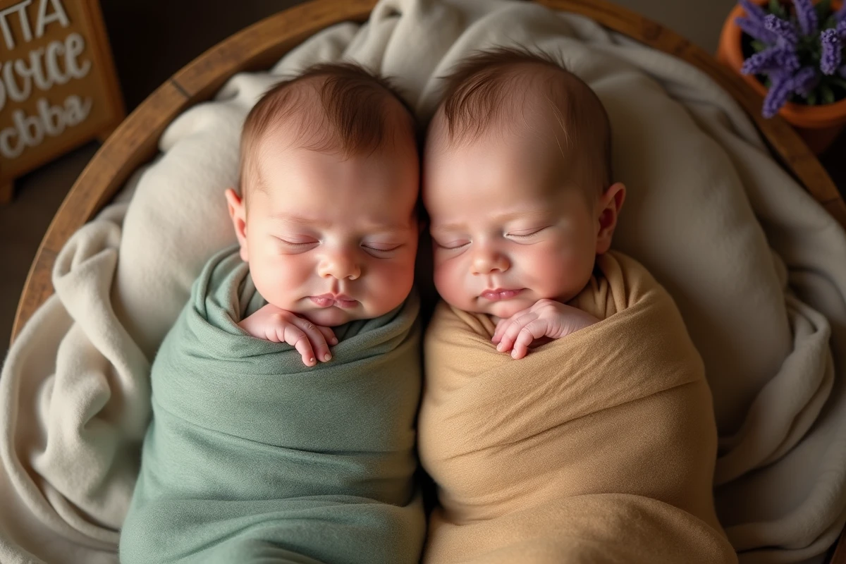 Deux nouveau-nés jumeaux garçons emmaillotés dans des couvertures en laine dans une nurserie italienne rustique, parfait pour illustrer des prénoms italiens pour garçons jumeaux