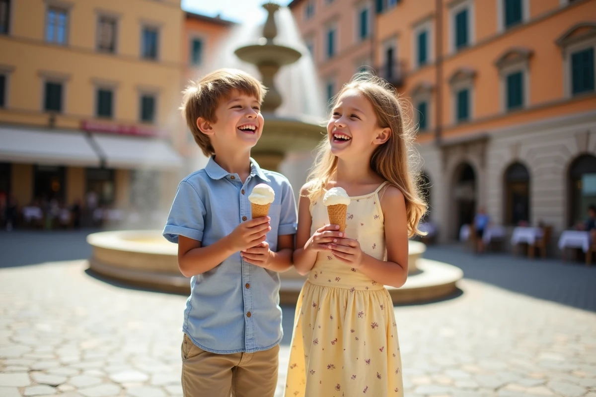 Jumeaux mixtes garçon et fille mangeant une glace dans une piazza italienne ensoleillée, idéal pour un article sur les prénoms italiens mixtes pour jumeaux