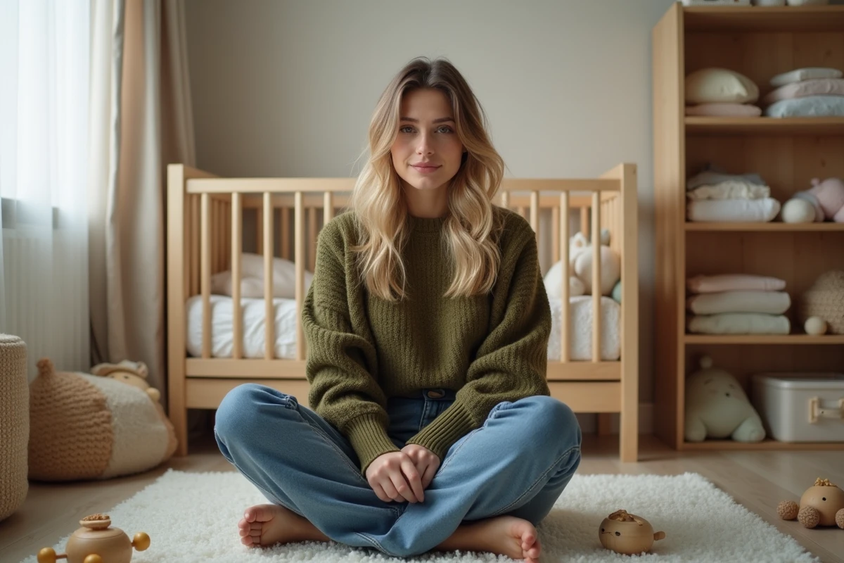 Jeune femme assise dans une chambre de bébé décorée avec des jouets en bois et un berceau pastel, préparant l'arrivée de son enfant