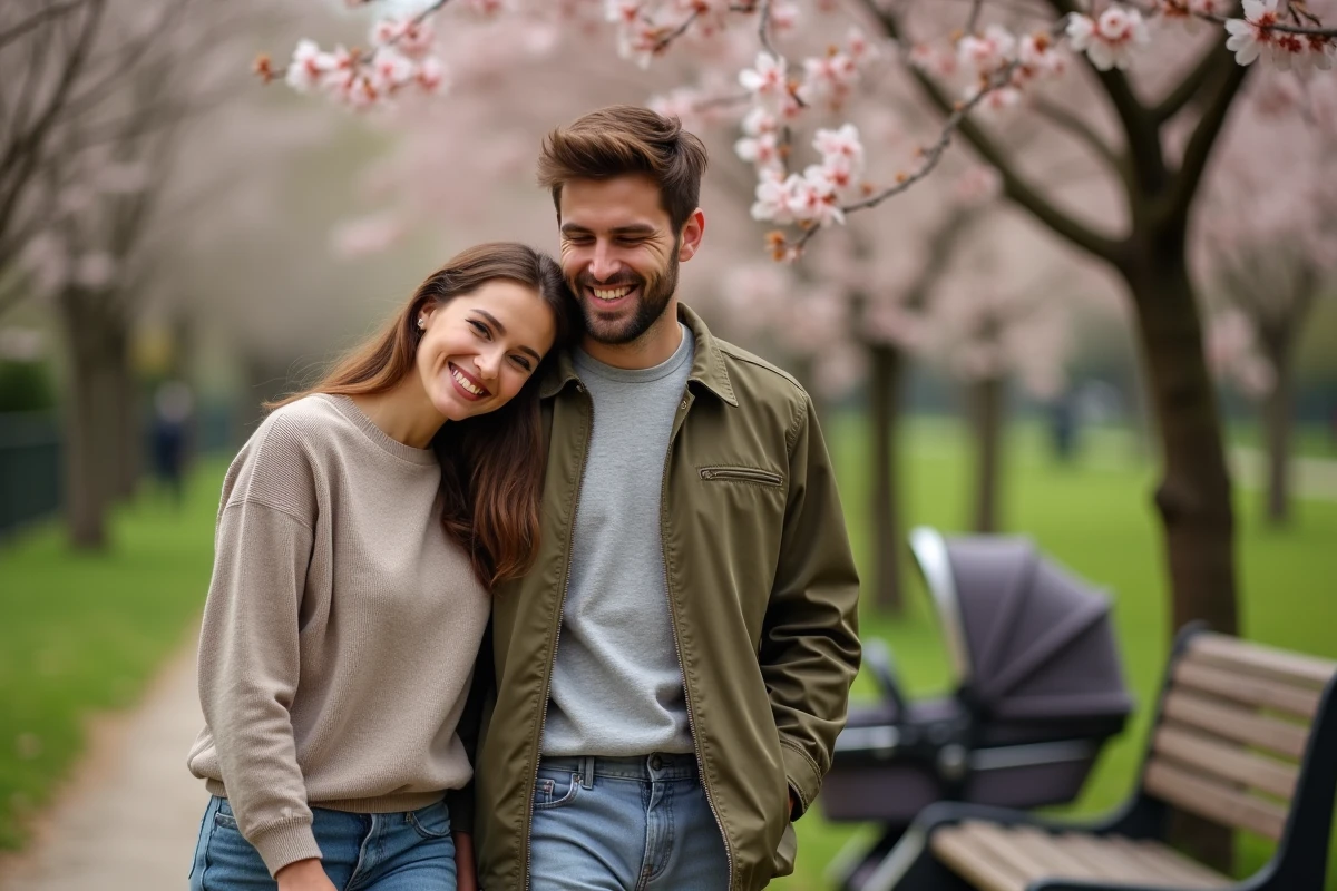 Couple de futurs parents se promenant dans un parc parisien au printemps, avec une poussette et des cerisiers en fleurs en arrière-plan