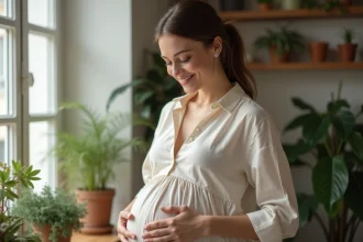 Femme enceinte souriante dans un appartement parisien moderne, attendant son premier enfant en 2026