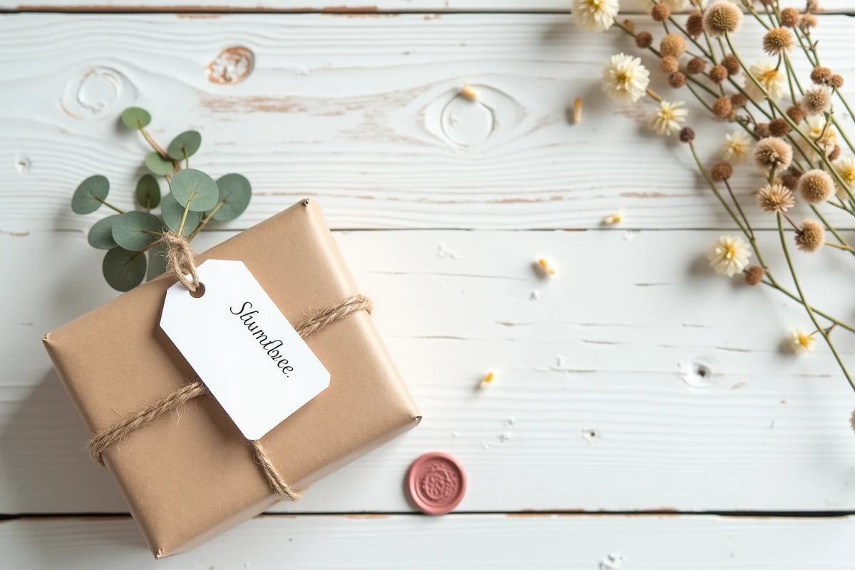 Flat lay d'un kit d'annonce de marraine fait main avec boîte kraft, carte personnalisée, sceau de cire et fleurs séchées